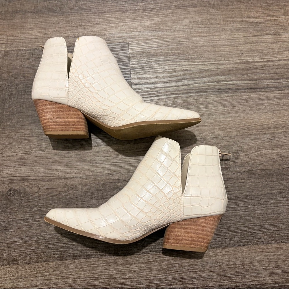 Cream Croc-Embossed Ankle Boots